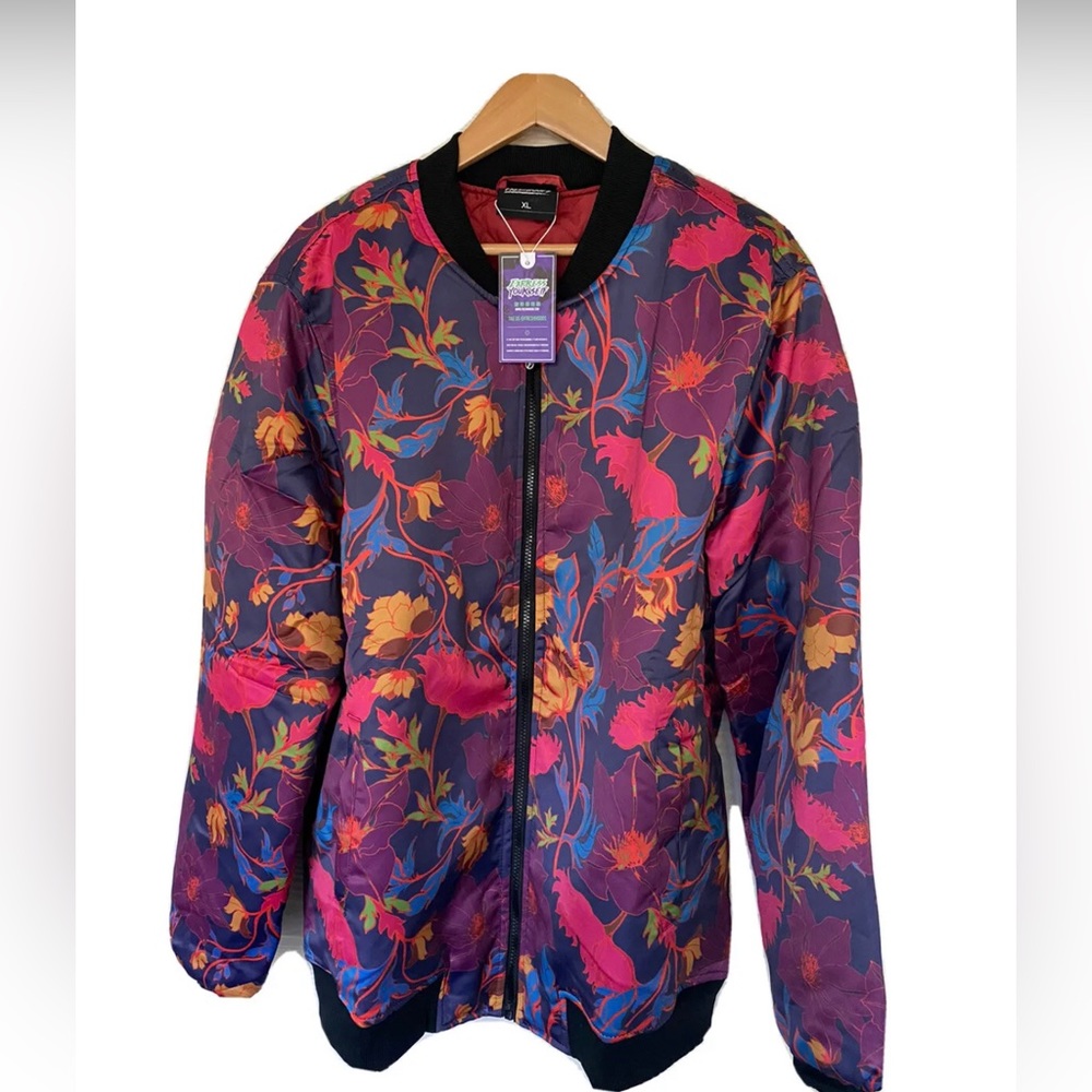FreshHoods Full Zipper Multicolor floral design Lined Bomber Jacket Size XL  NWT